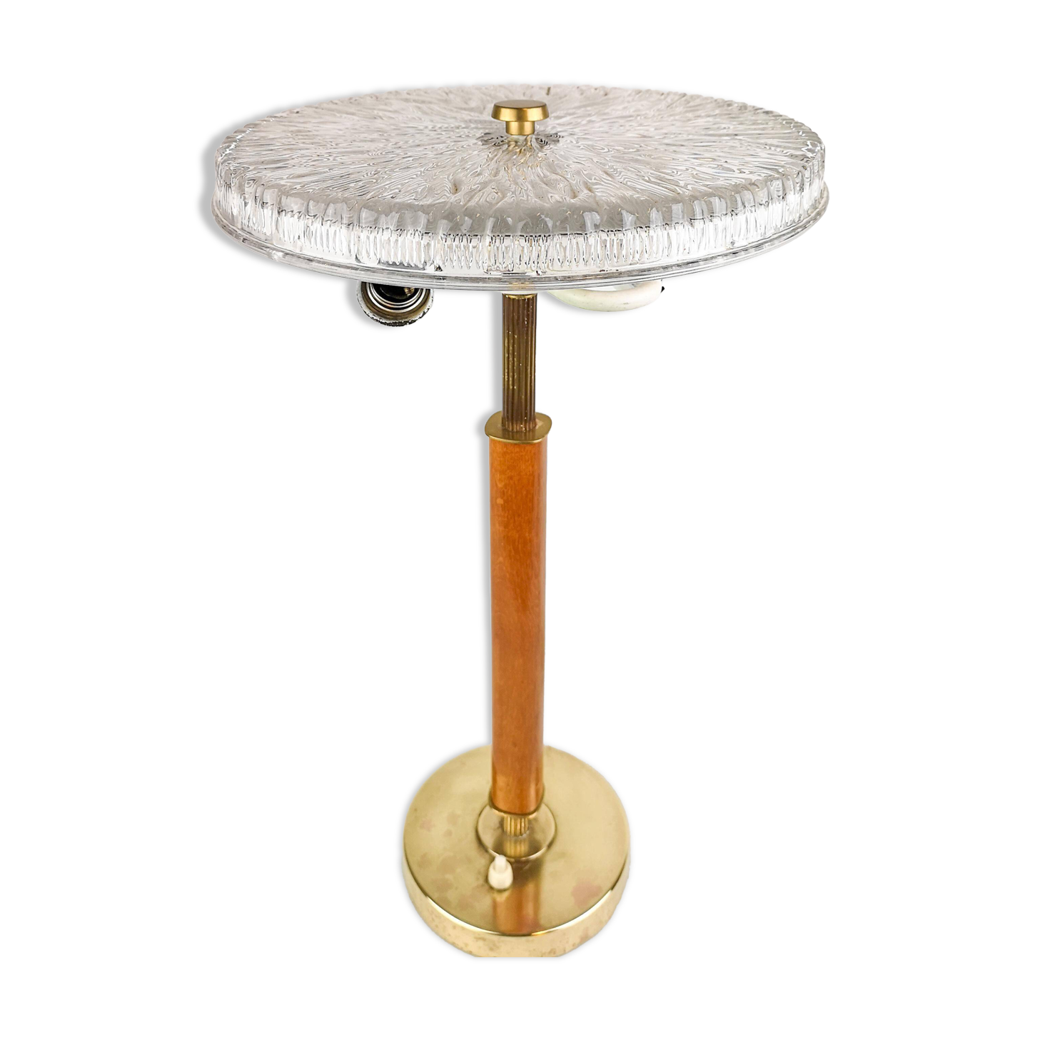Mid-century Swedish table lamp in brass, crystal, and wood by Boréns.