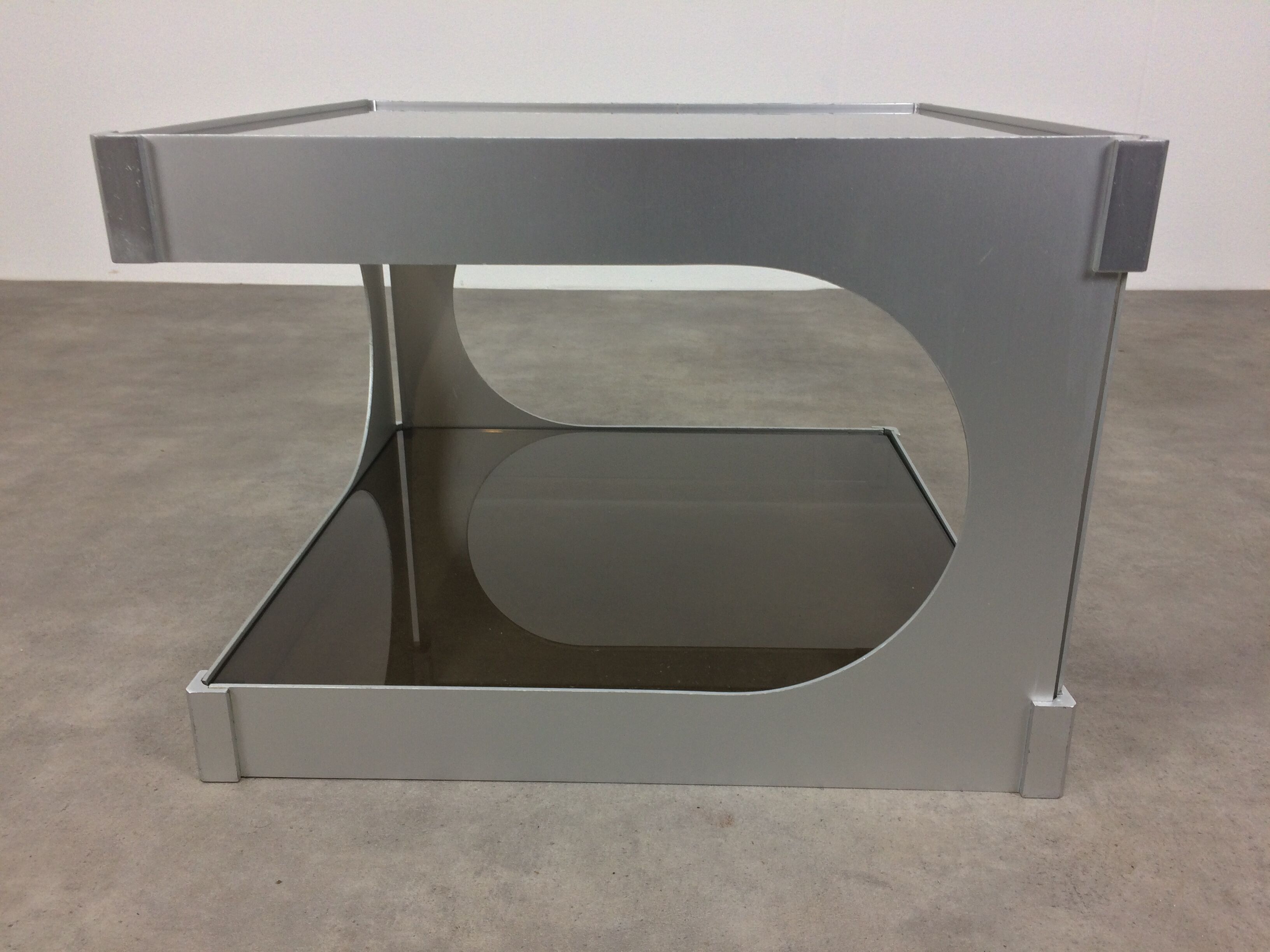 Side table space age aluminum smoked glass, end of sofa 1970