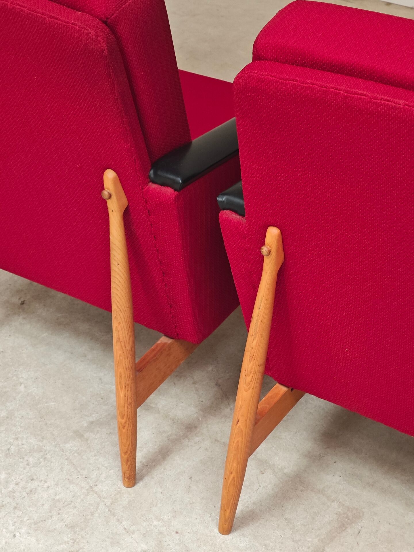 Pair of Drevotex Zamberk armchairs, red fabric and faux leather 1970