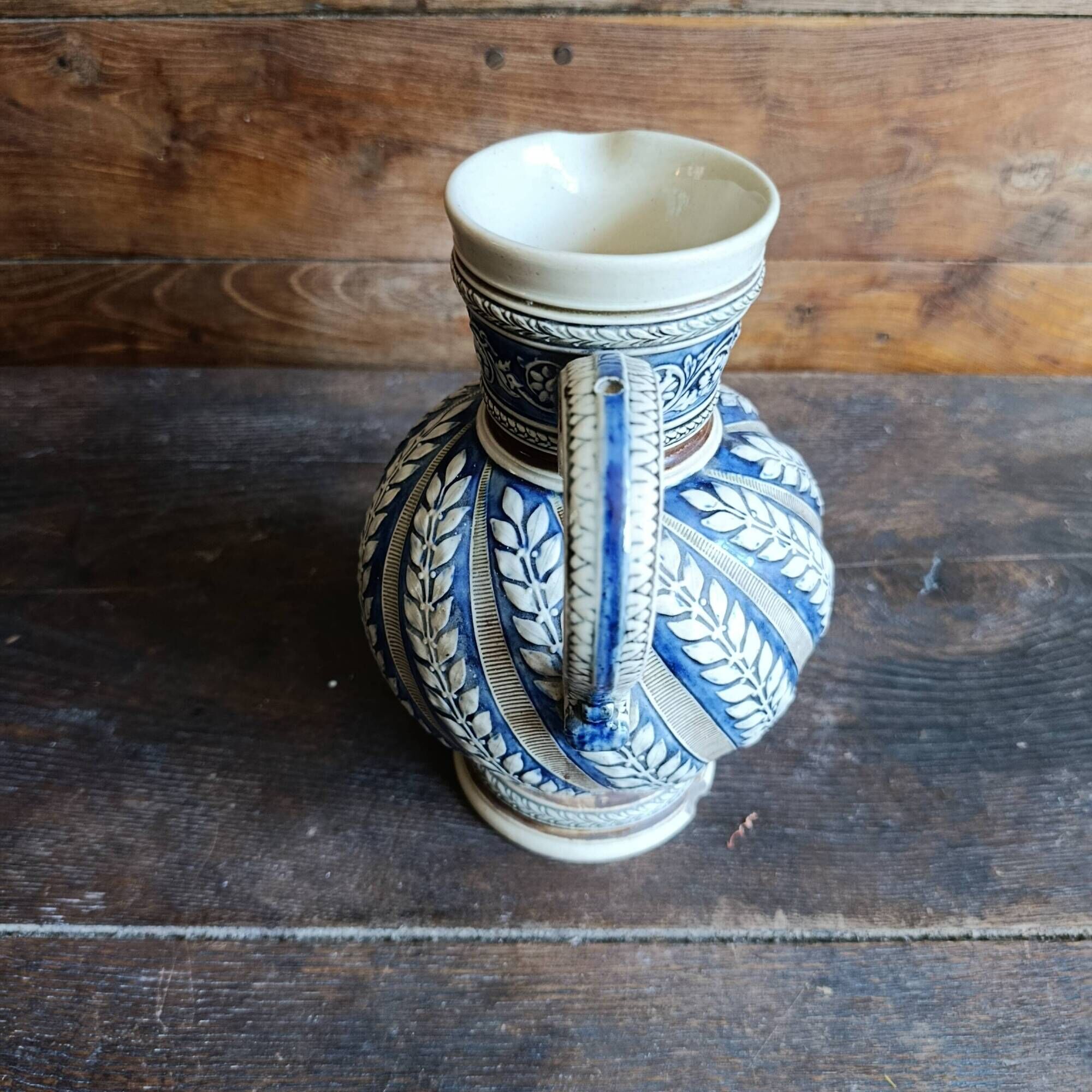 Vintage German Westerwald stoneware jug with cobalt blue floral relief