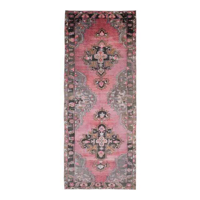 Vintage Turkish hand-knotted wool cotton pink area rug 180x475