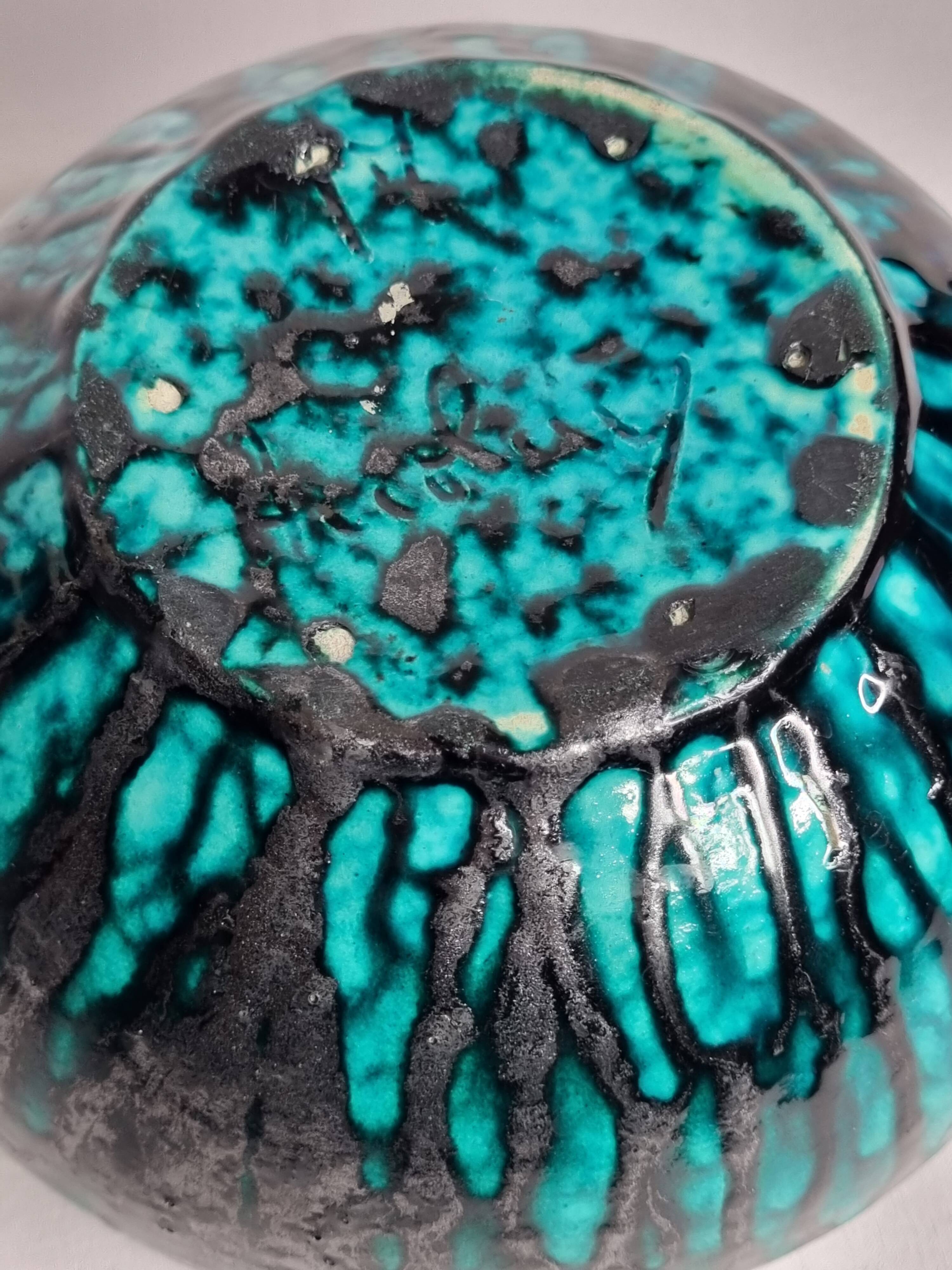 Turquoise and black glazed stoneware bowl – signed Accolay