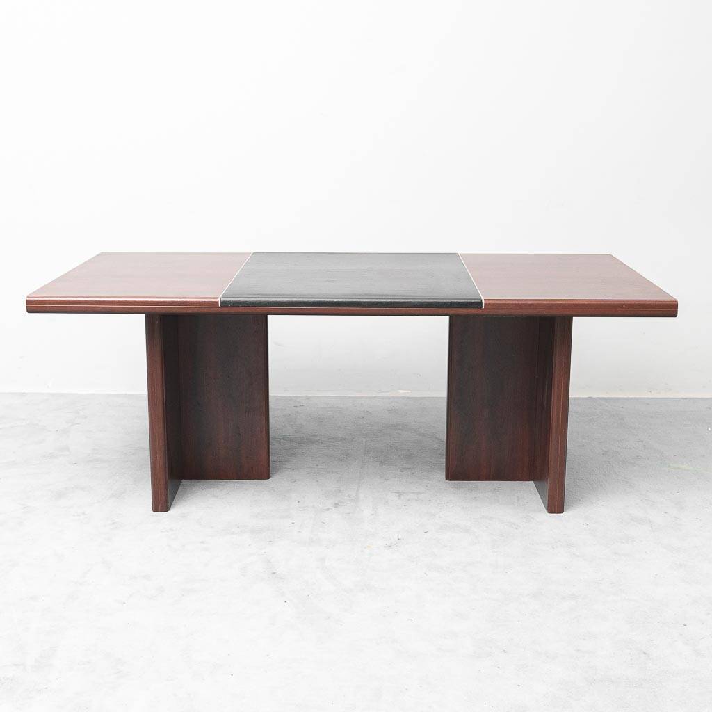 Vintage wooden desk with black faux leather insert – 1970s modernist design