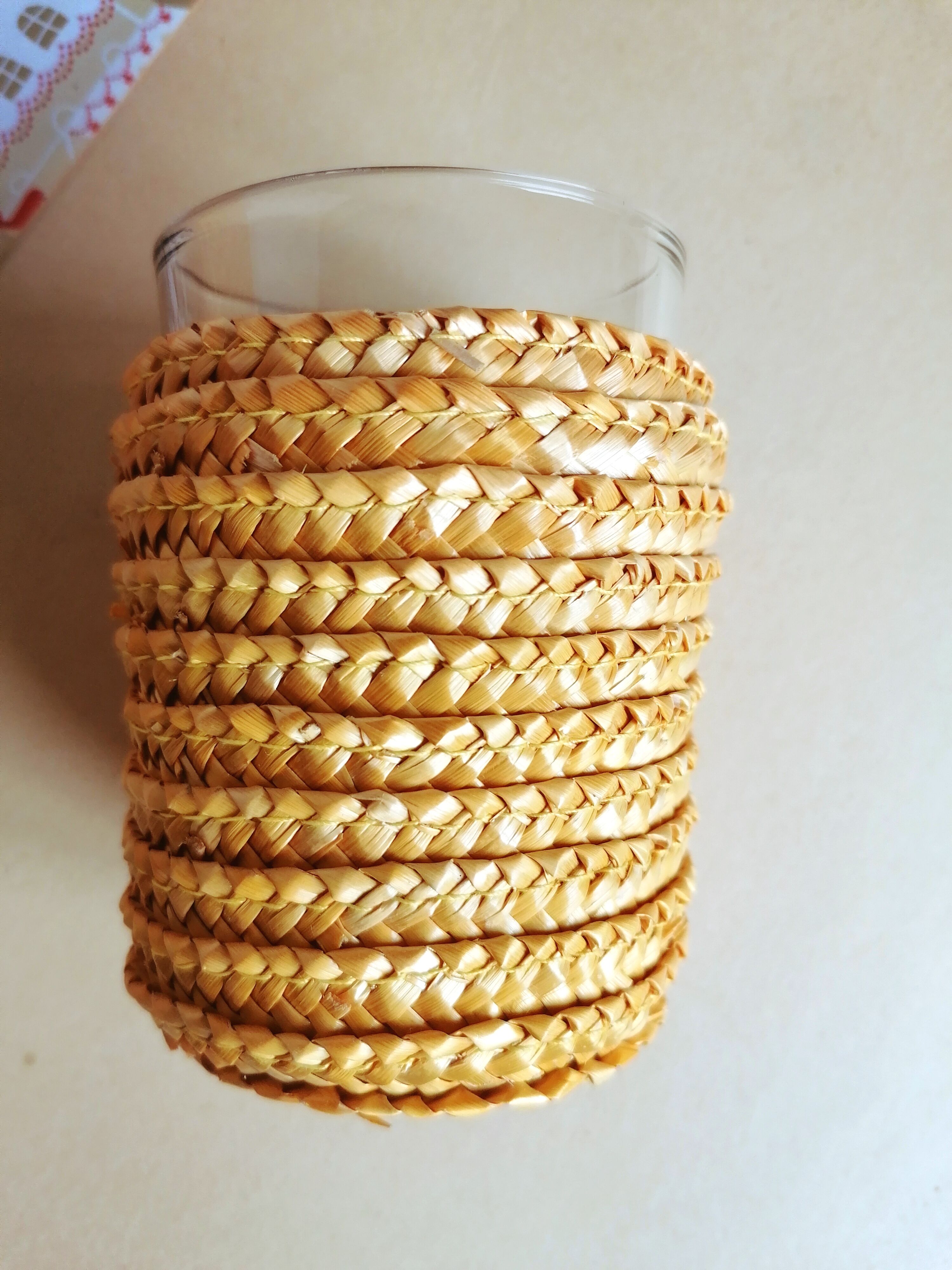 Basket and glass holder woven straw