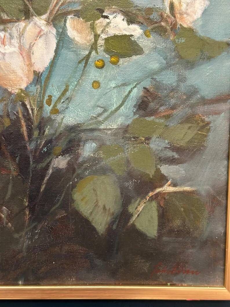 Original Swedish Oil on Canvas – “White Flowers” by M. Jakobsson – Signed – Vintage & Framed – 46 × 44 cm (18.1" × 17.3")
