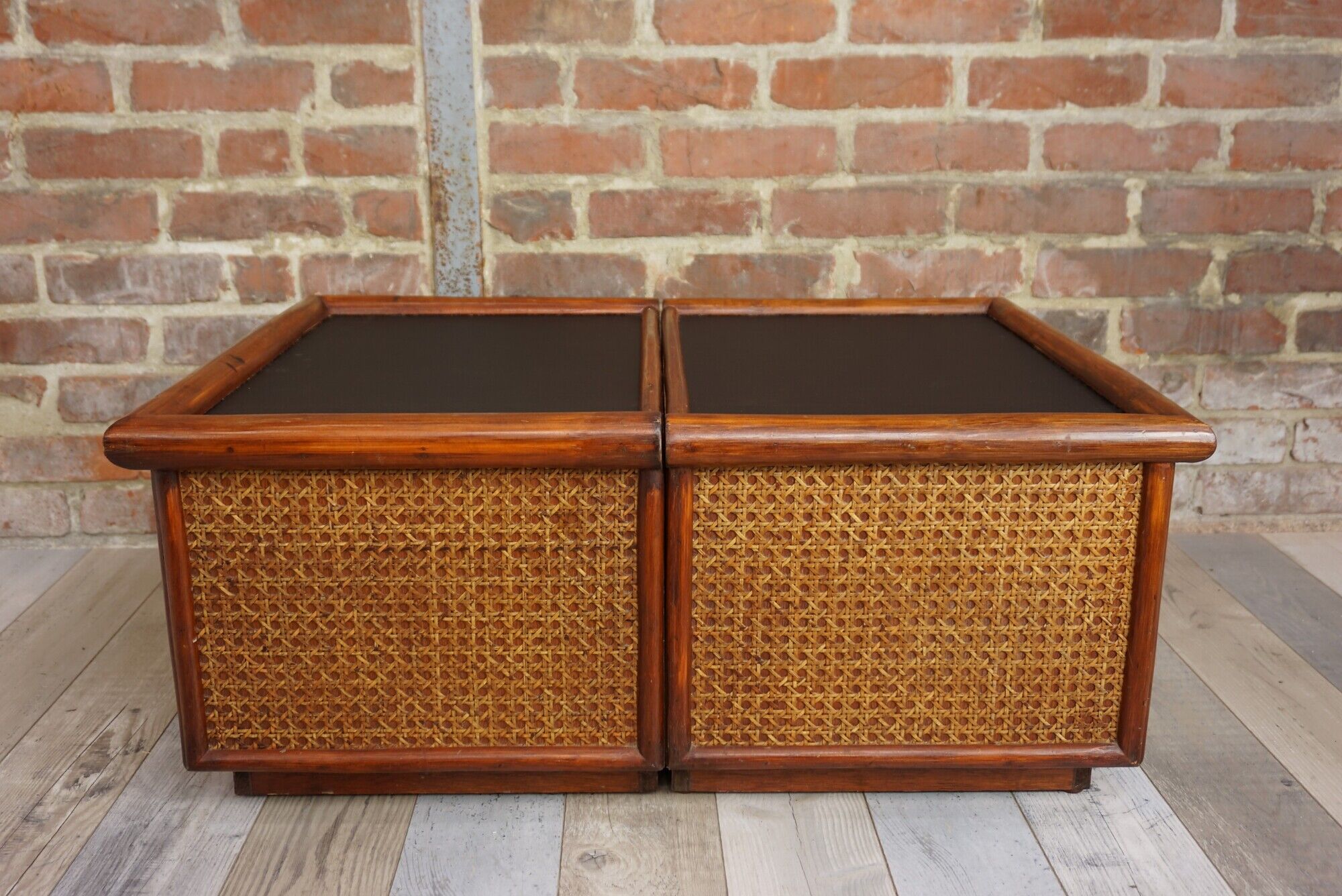 Pair of wooden bedside tables, rattan, canning and faux black leather