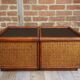 Pair of wooden bedside tables, rattan, canning and faux black leather