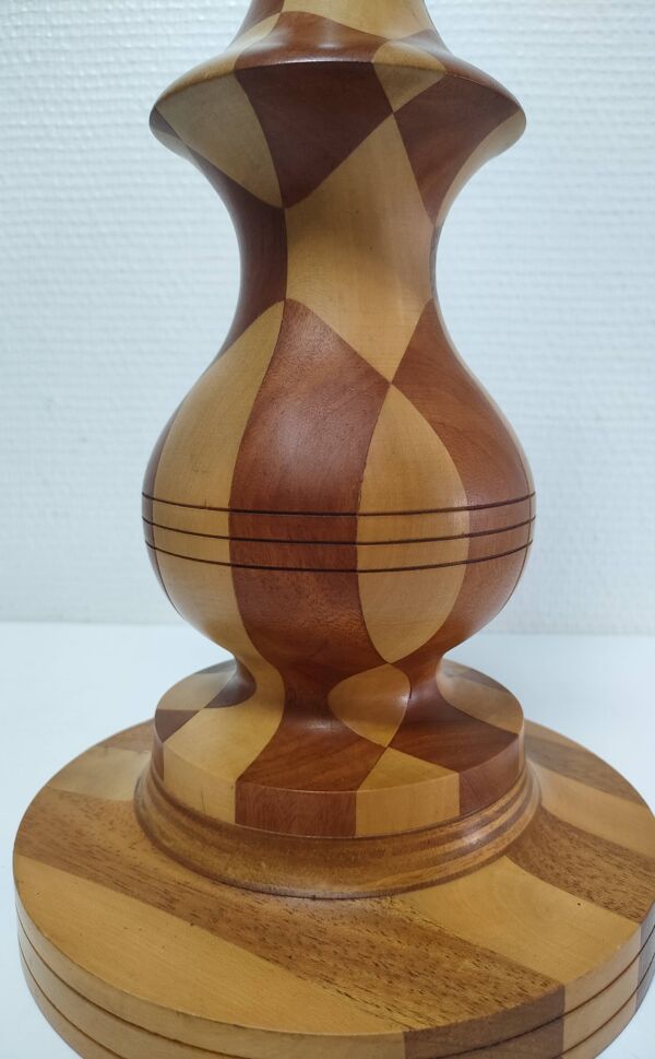 Lampe en bois tourné et incrustation de bois vintage