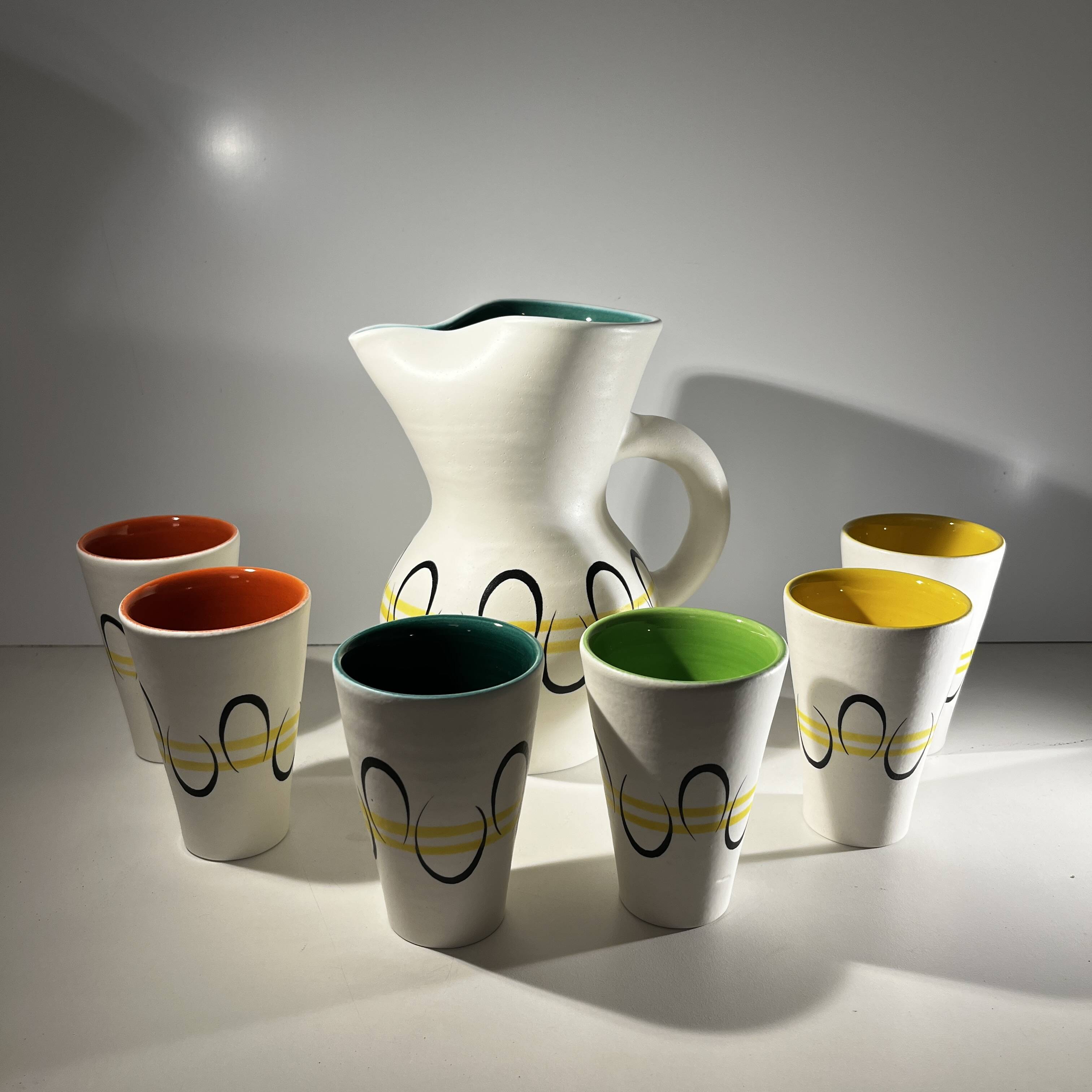 Andre baud for vallauris, ceramic jug and 6 glasses set, ca 1960