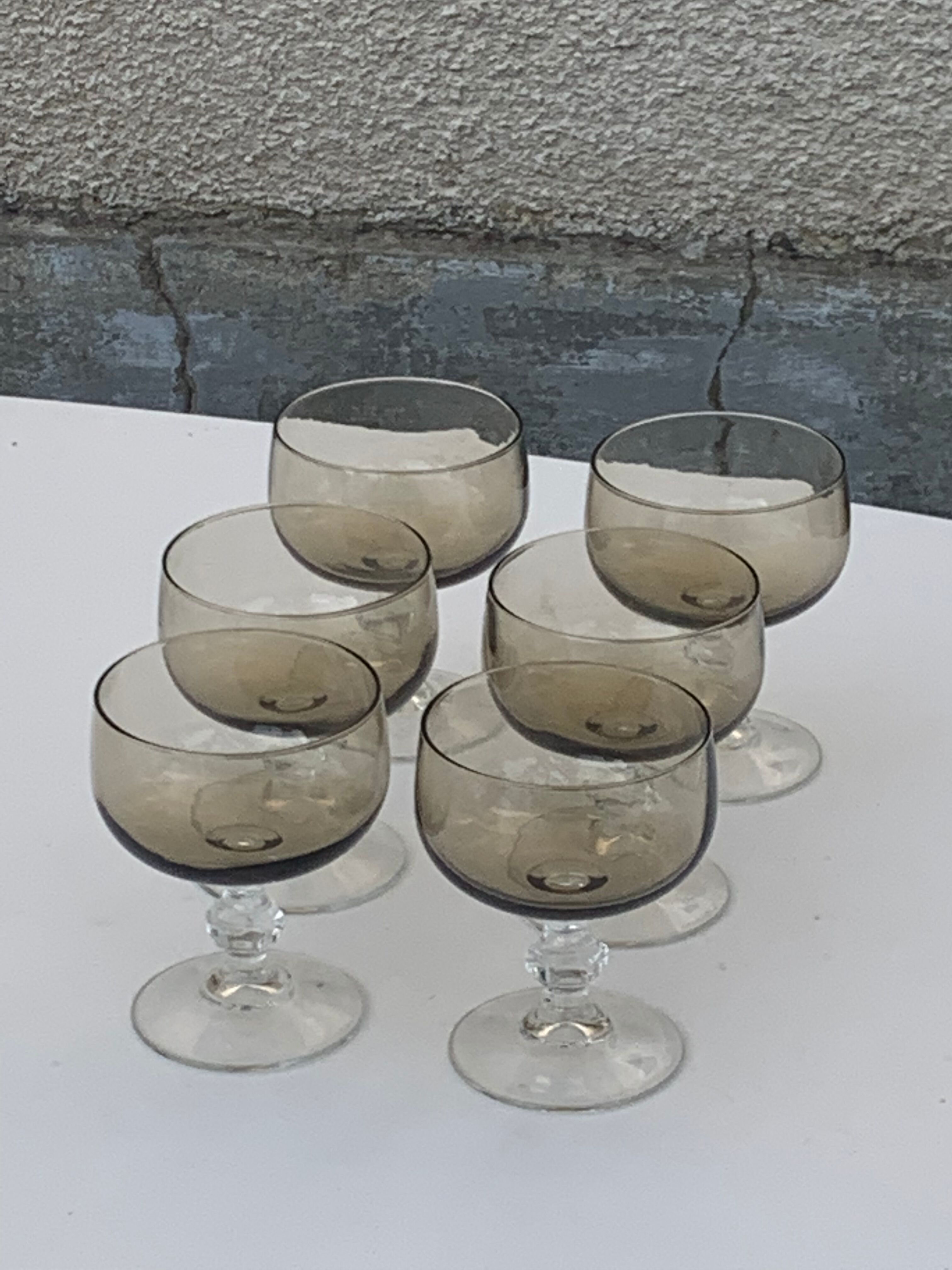 6 champagne glasses in brown and transparent glass vintage 1970