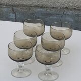 6 champagne glasses in brown and transparent glass vintage 1970