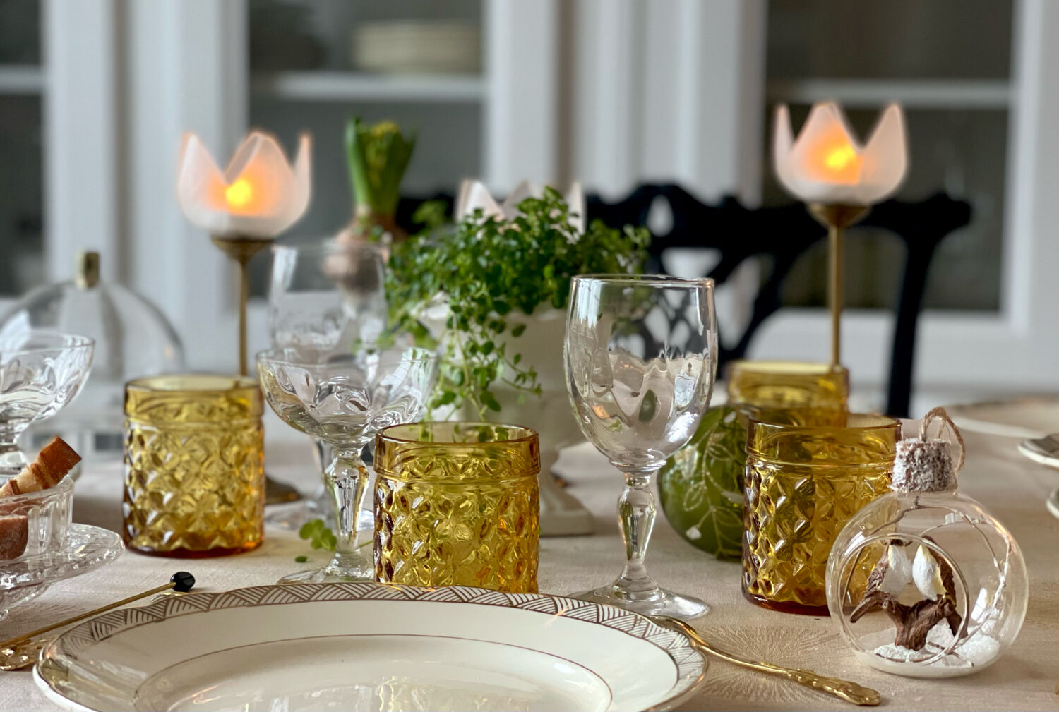 3 glass and brass candle holders