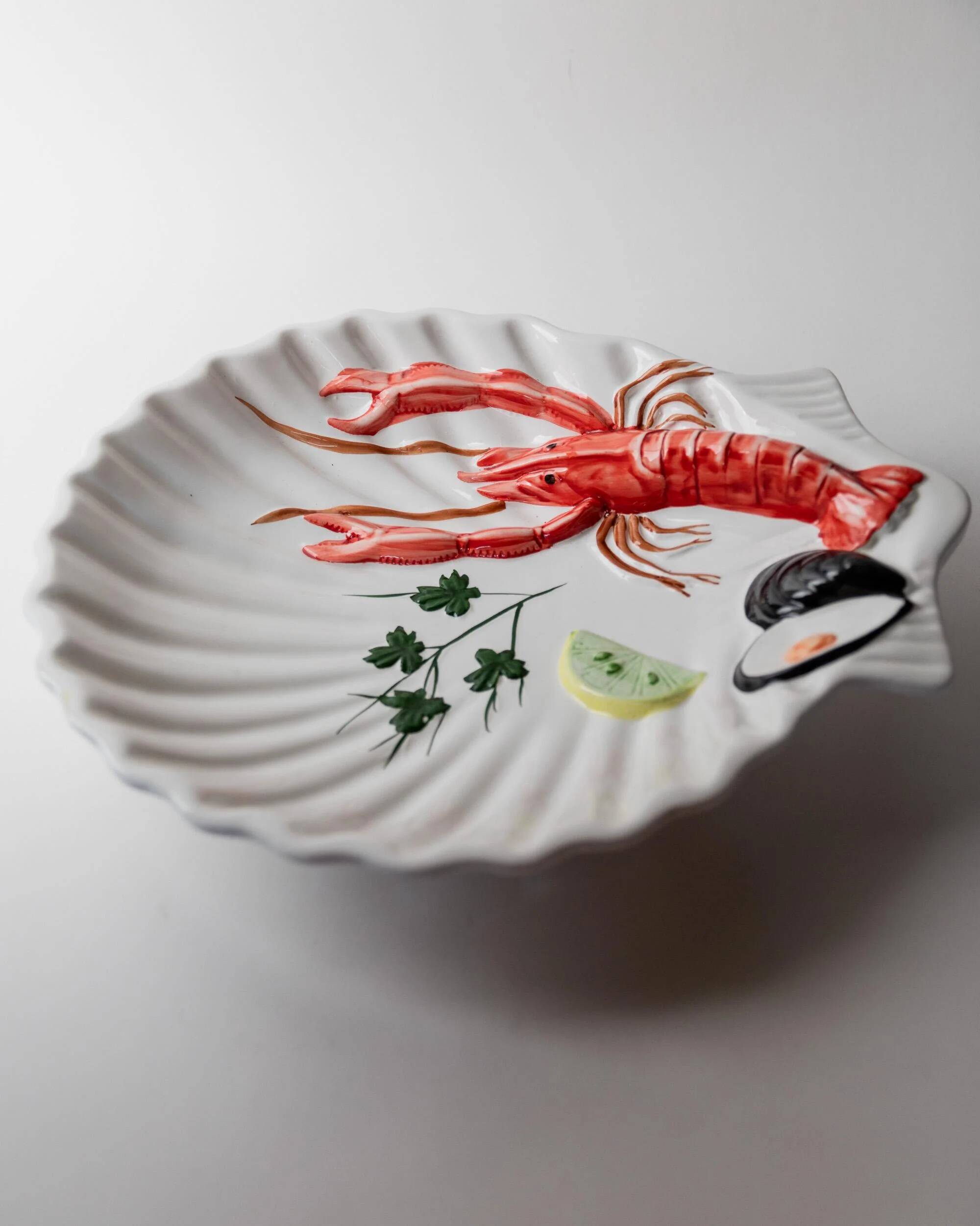Vintage ceramic serving dish from the 1980s, hand-painted lobster design.