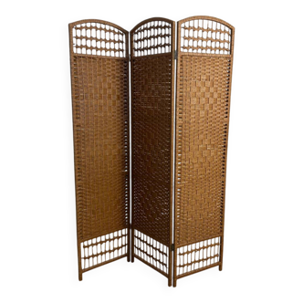 Vintage rattan and woven wicker screen – 3 panels – 1970s
