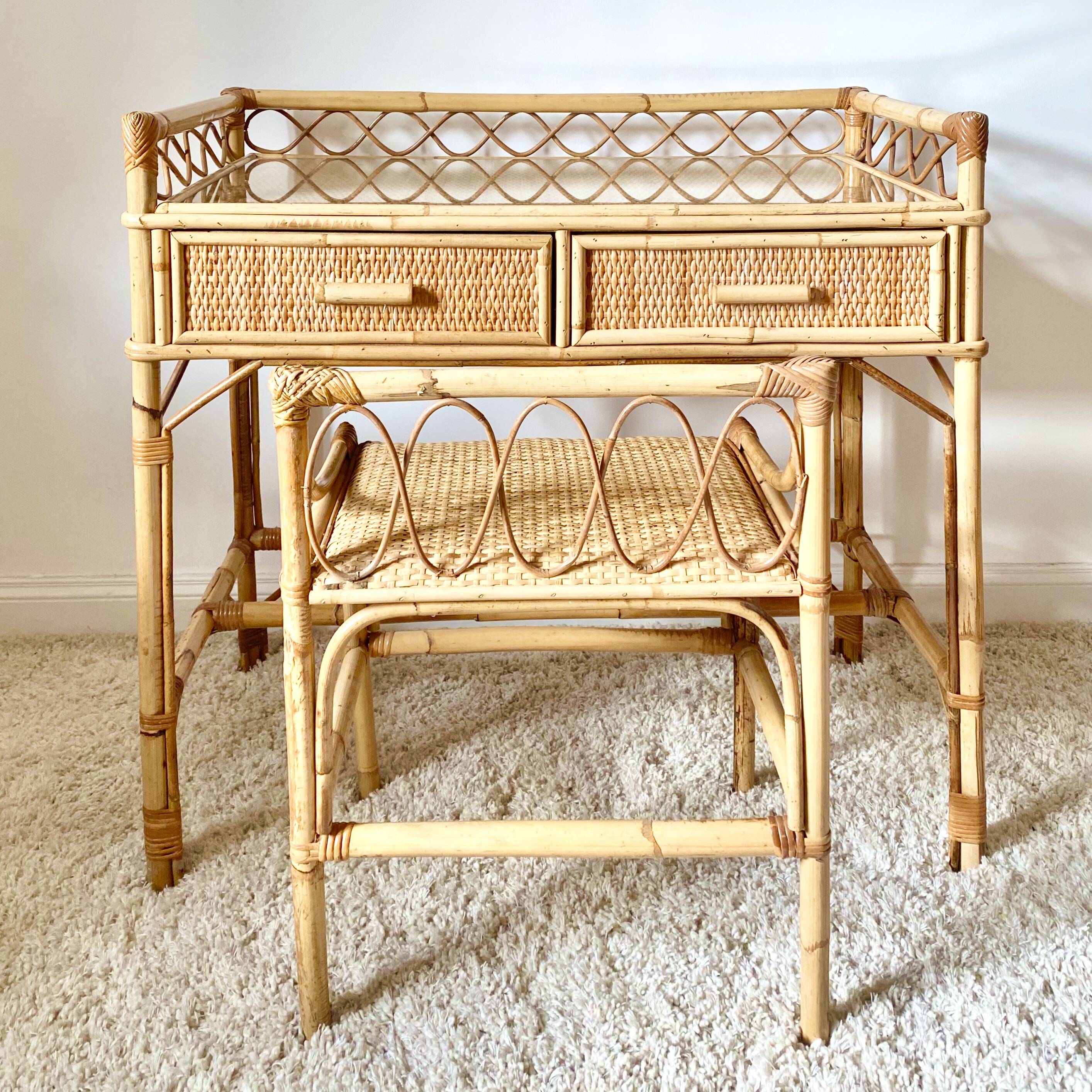 Vintage rattan desk with stool