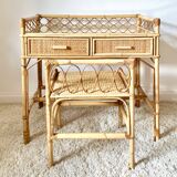Bureau en rotin vintage avec tabouret