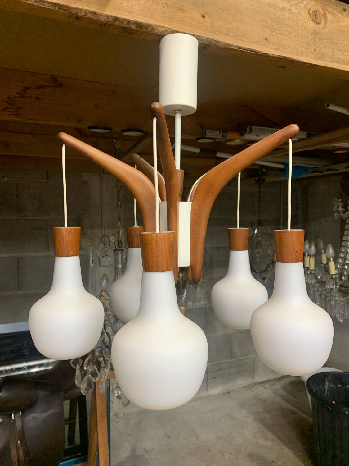 Teak and opaline Rispal chandelier, circa 1960.