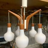 Teak and opaline Rispal chandelier, circa 1960.