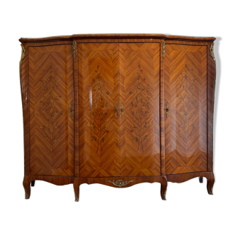 Armoire Louis XV 4 portes, bois de rose en 240, Marquèterie Saffiot