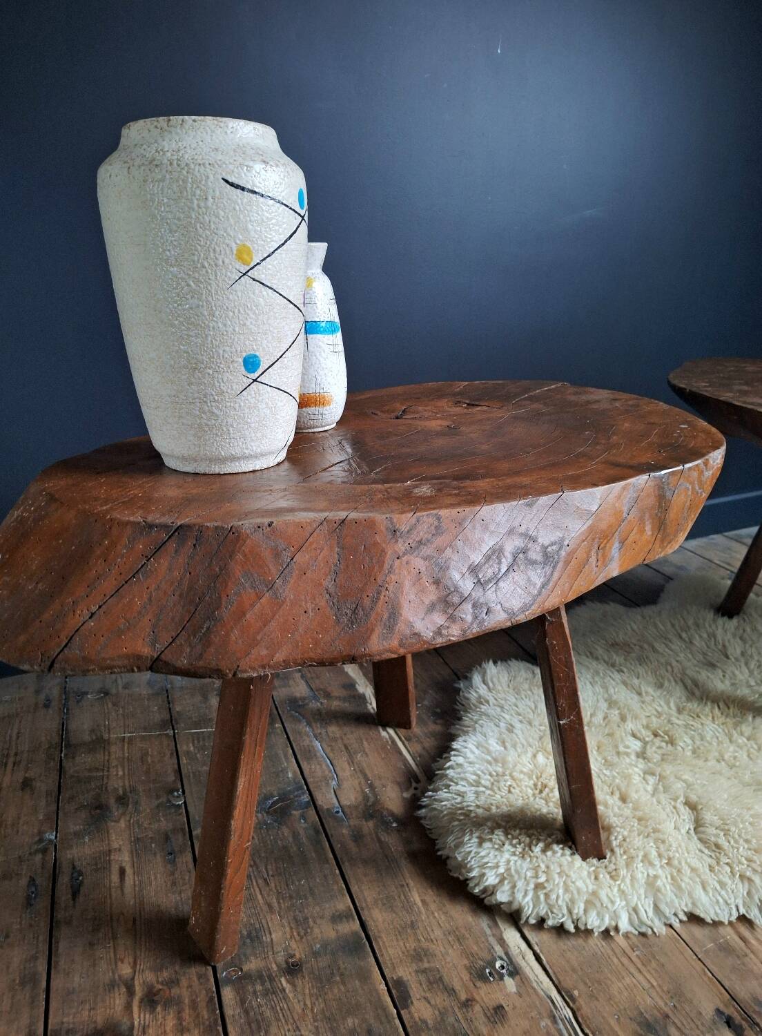 Brutalist tripod coffee tables, vintage furniture