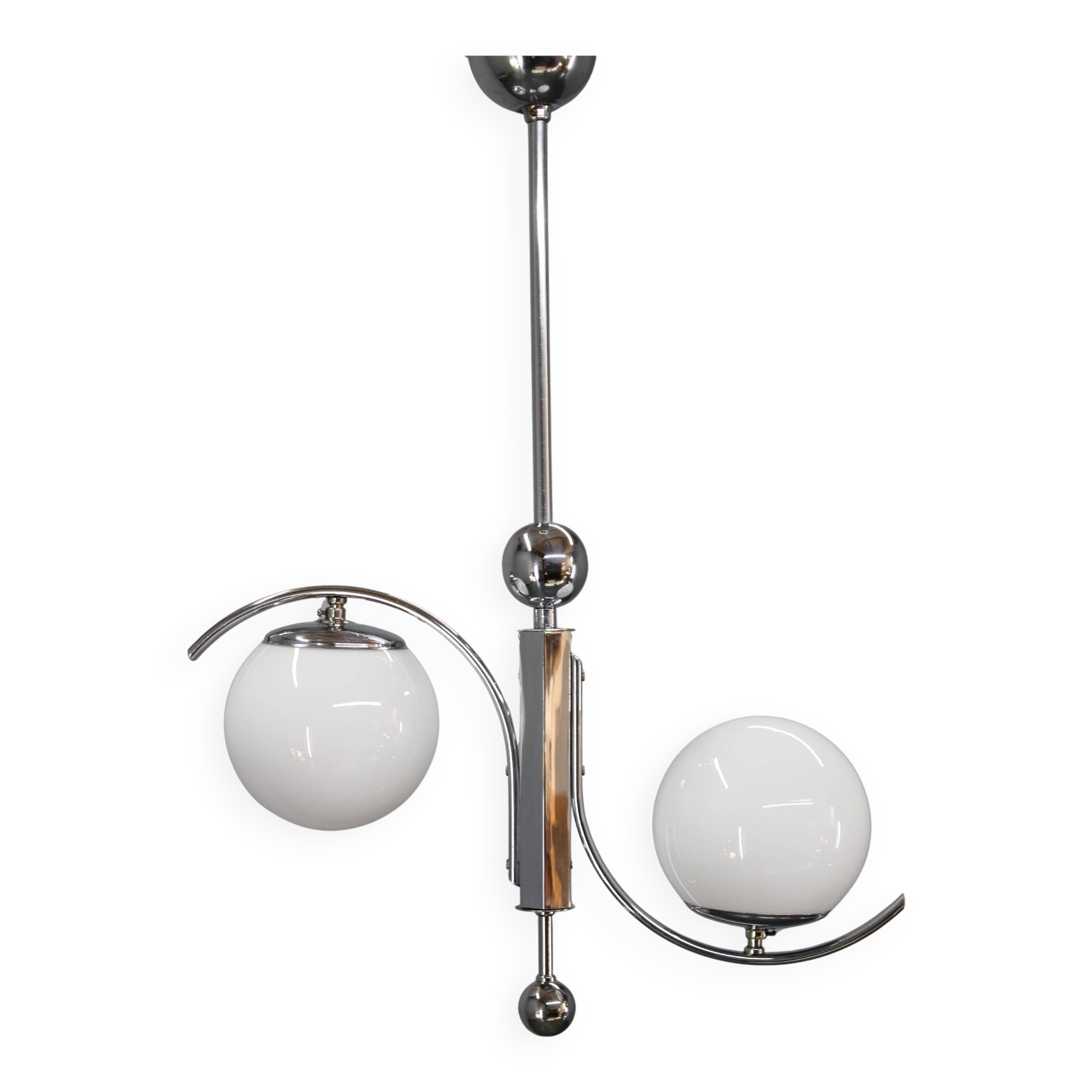 Czechoslovak Art Deco chrome chandelier with opaline glass, 1930s