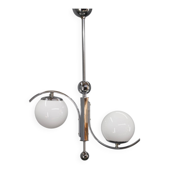 Czechoslovak Art Deco chrome chandelier with opaline glass, 1930s