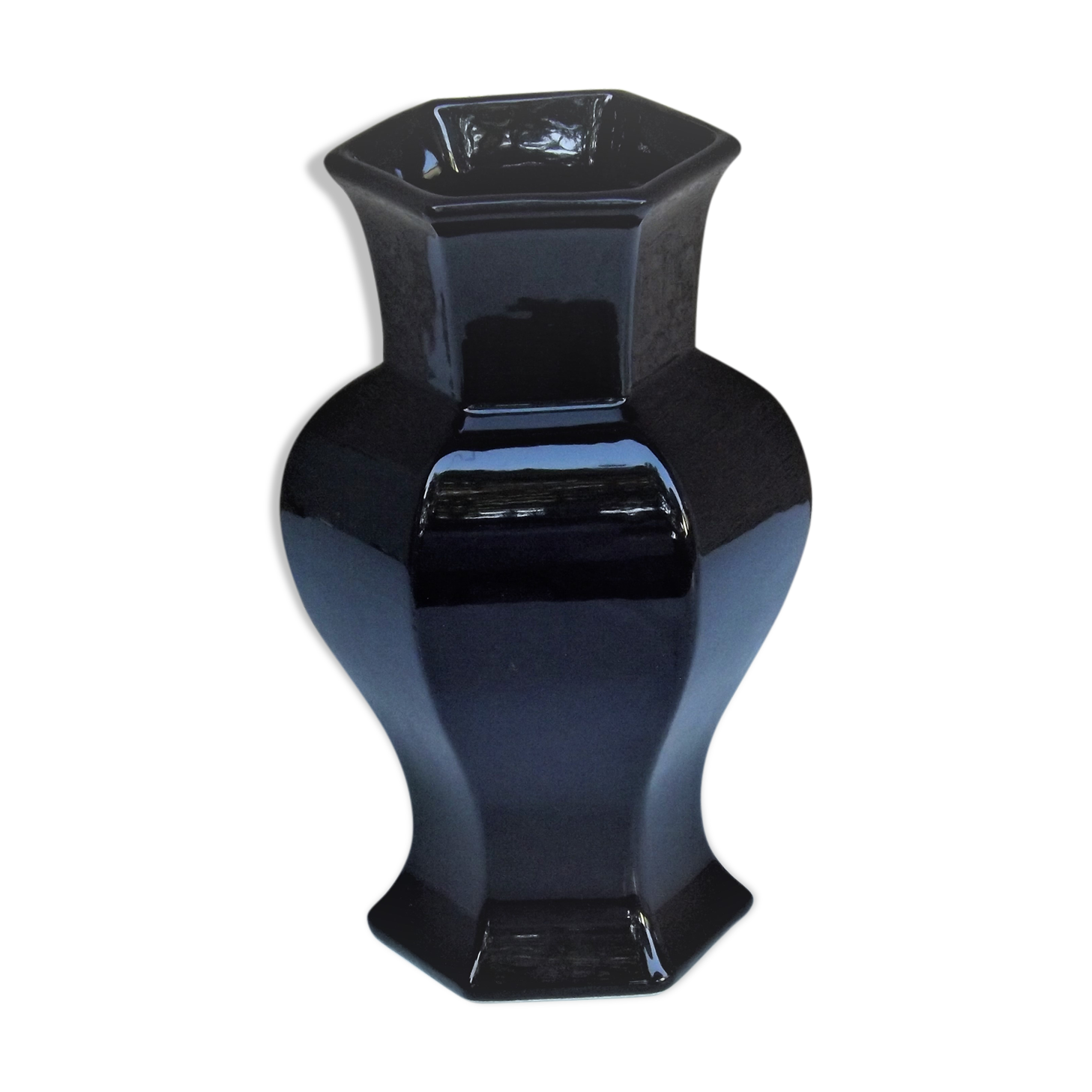 Hexagonal ceramic vase enamelled black France