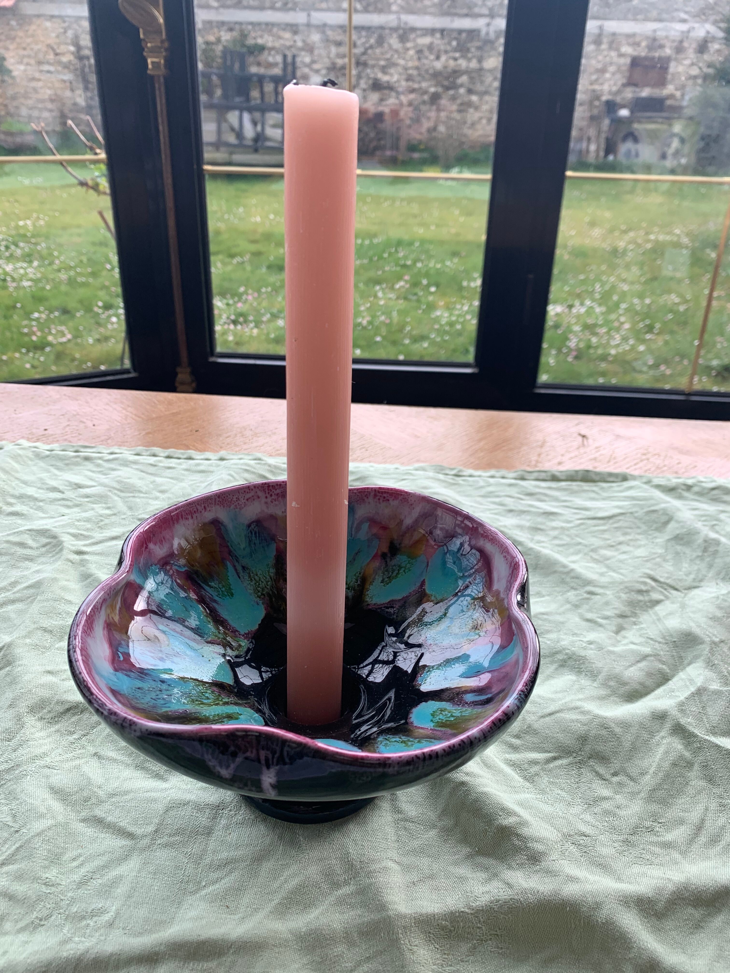 Flamed enamelled ceramic candle holder
