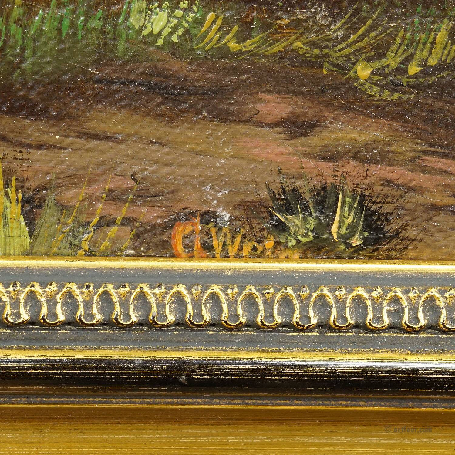 19th-century Biedermeier landscape painting with a lake and trees.