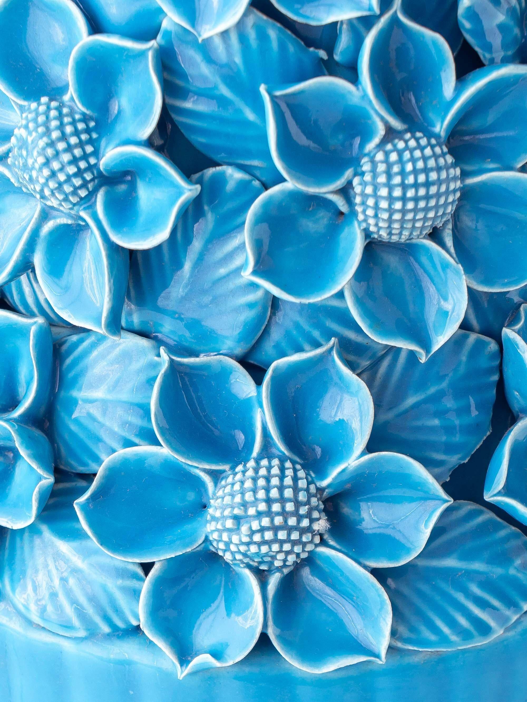 Turquoise glazed ceramic floral table lamp from Manises mid-century, with a new silk shade.