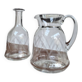 Vintage engraved glass carafe and jug