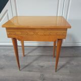 Vintage 60 year bedside table with a compass foot drawer like marquetry on the drawer
