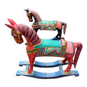Pair of ancient Asian wooden horses – Early 20th century