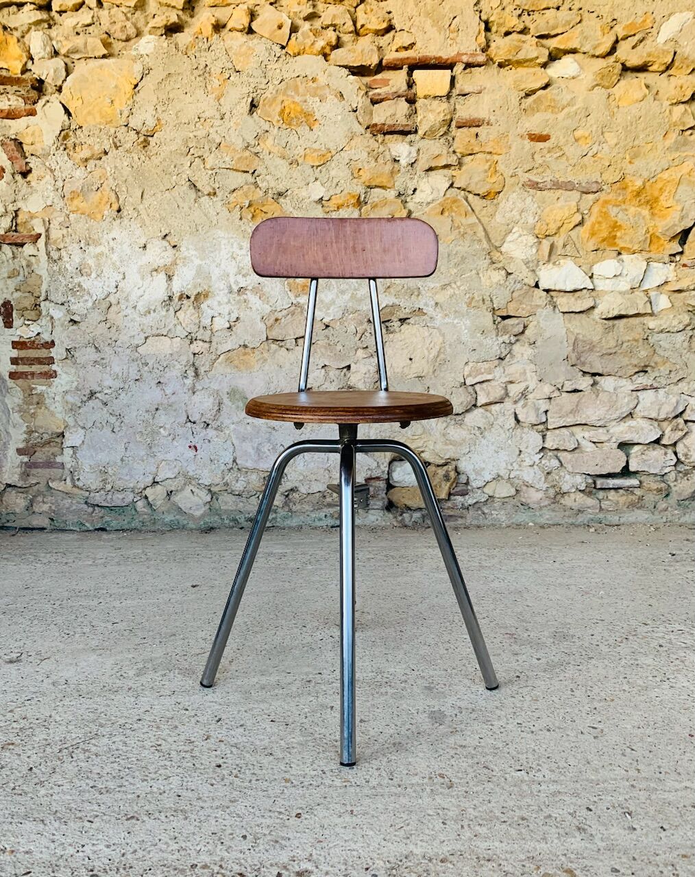 Vintage industrial metal and wood stool with adjustable swivel seat, 1960's