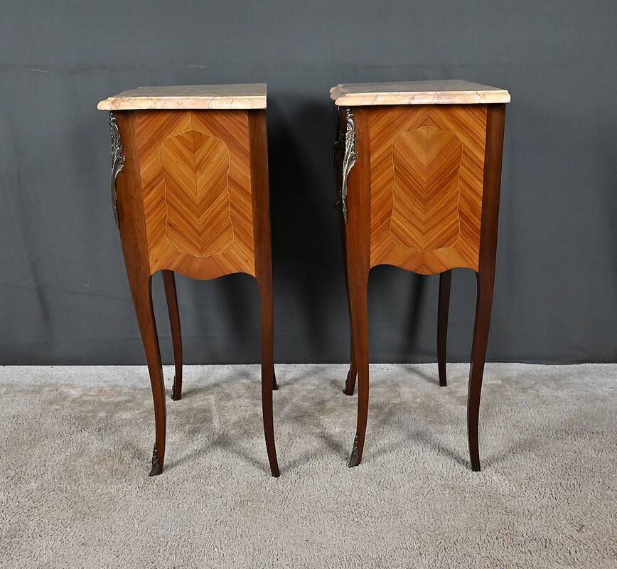 Pair of bedside tables in rosewood marquetry, Louis XV style – 2nd half of the 20th century