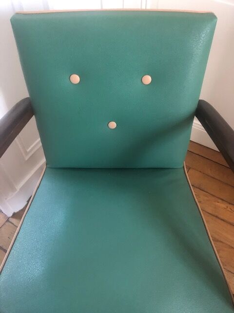 2 wooden and green skai club bridge armchairs