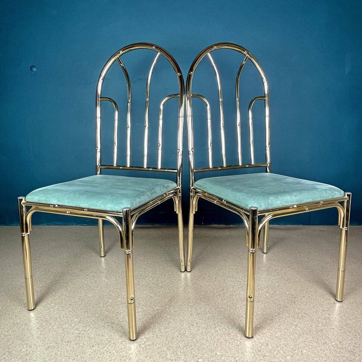 French vintage dining set in imitation bamboo brass with 4 chairs and table, 1970s, set of 5.