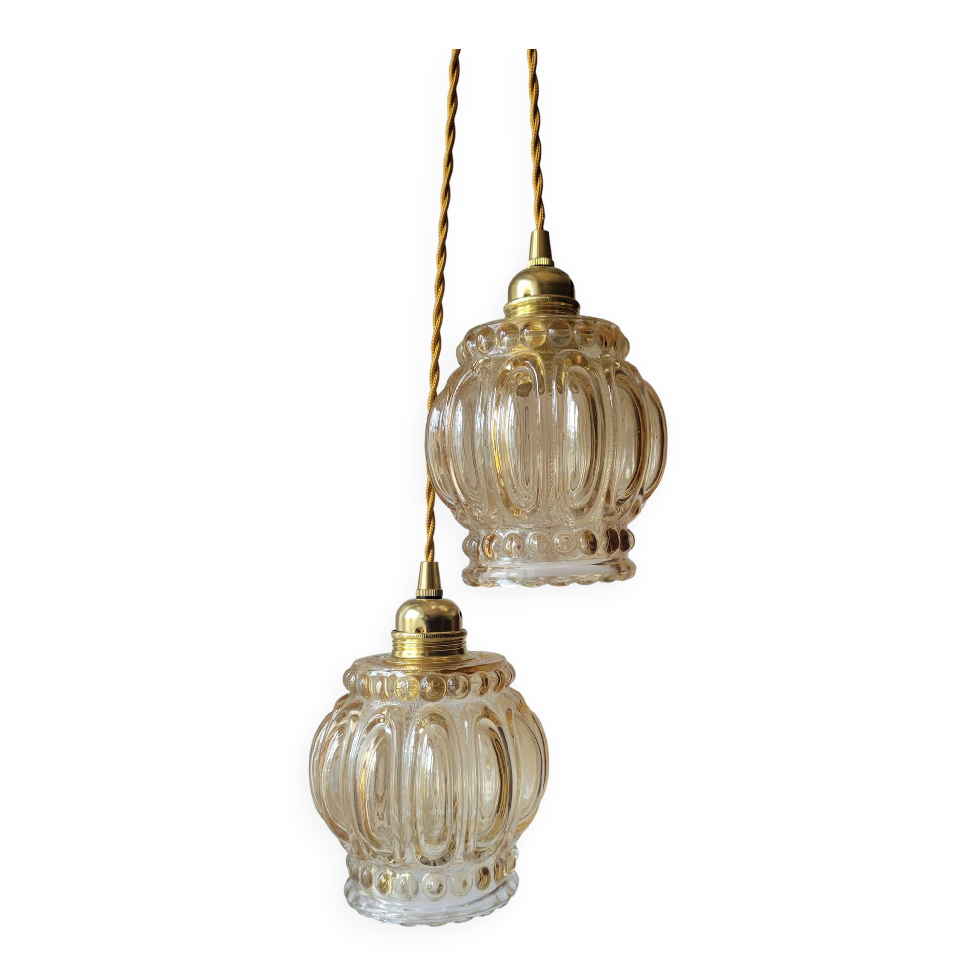 Duo of molded glass pendant lights