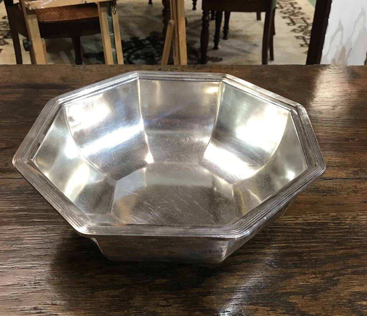 Octagonal silver-plated metal dish, Christofle.