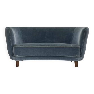 1970s, Danish 2-seater curved sofa, blue furniture velour.