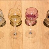 Set of 4 Hand Engraved "Harlequin" Colored Crystal Wine Glasses 1960