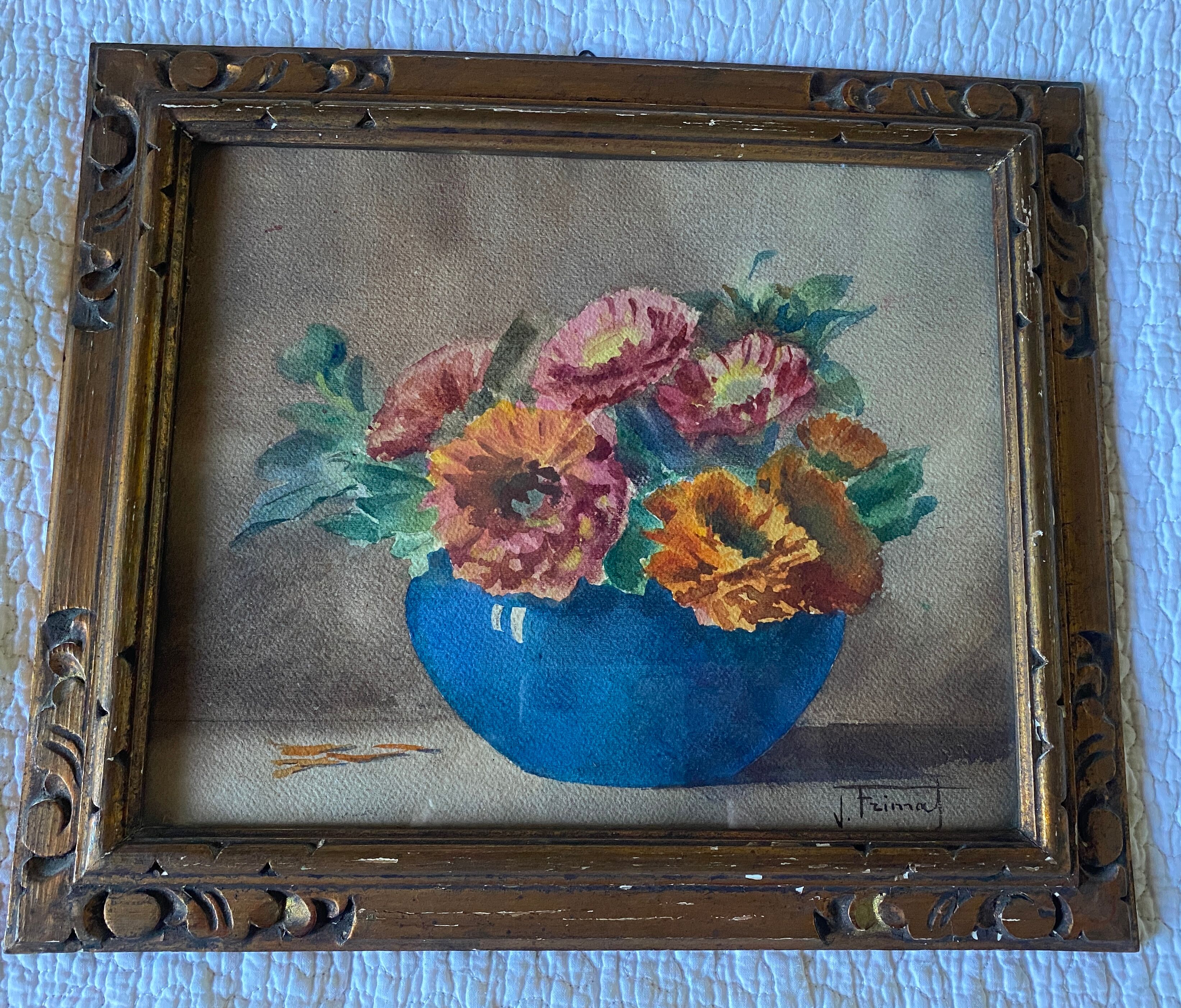 Aquarelle "bouquet de zinias" signée ancienne