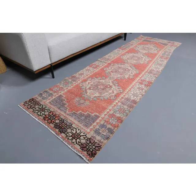Vintage Turkish Oushak Handmade Wool Cotton Red Runner 85x277