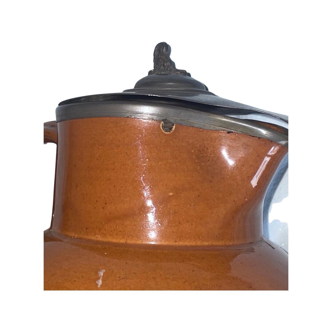 Old brown and beige Langley Mill 19th century pitcher with its pewter lid