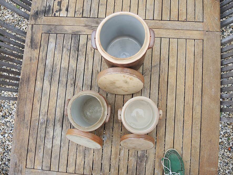 3 Old Grease Pots with Lids in Brown Glazed Stoneware