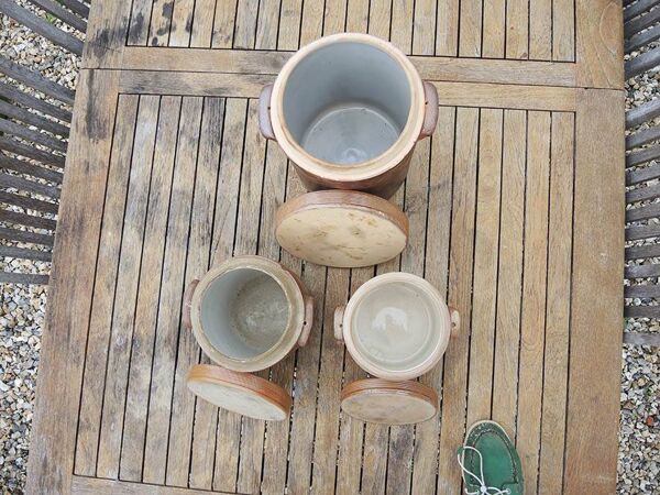 3 Anciens Pots à Graisse avec Couvercle en Grès Vernissé Marron