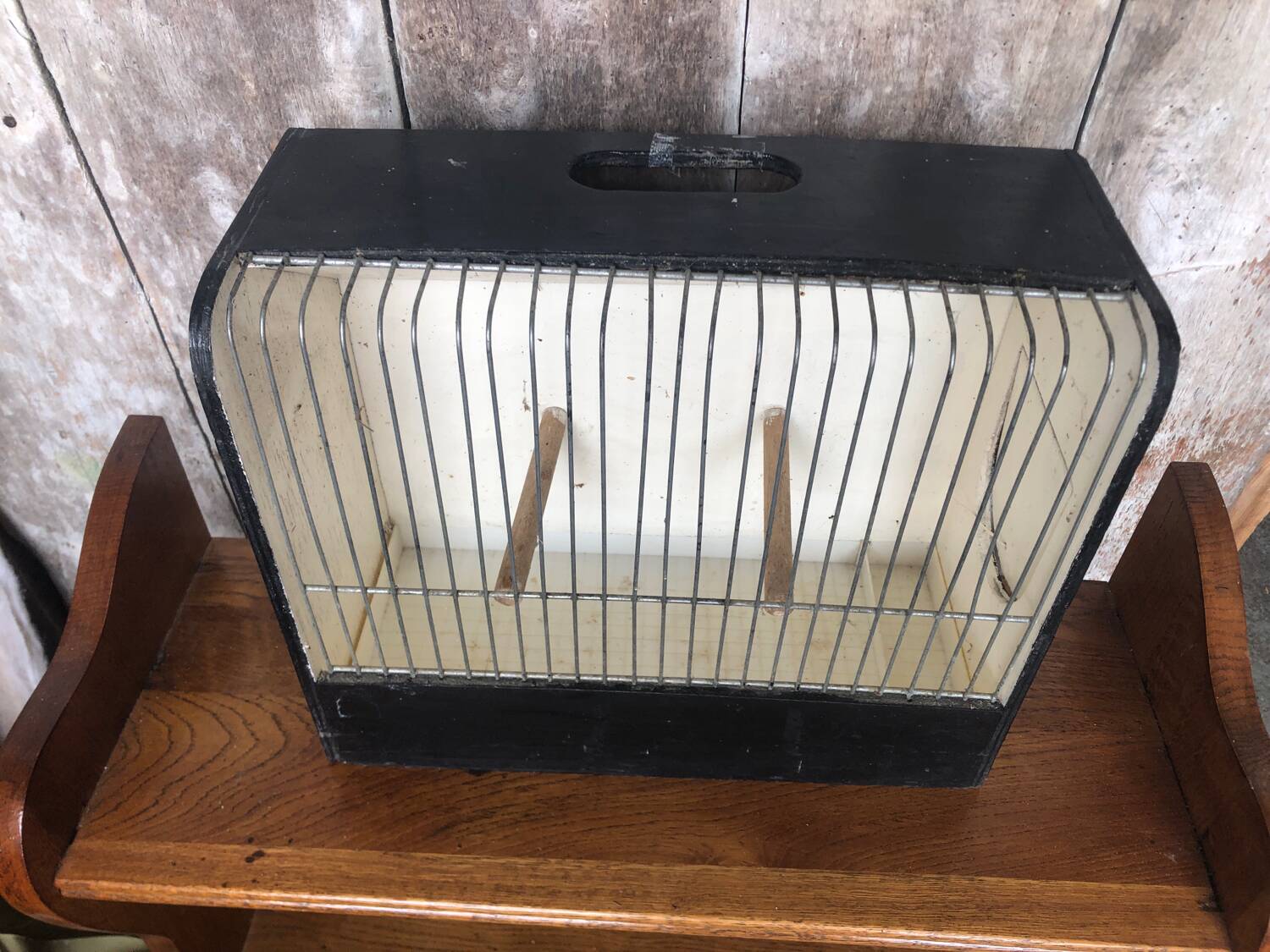 Old small bird cage caoa wood + metal + plastic tray vintage