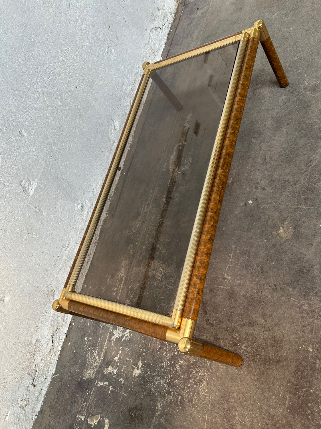 Gold-tone metal and imitation elm burl coffee table