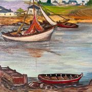 Bateaux au petit port, signé F. Lombard