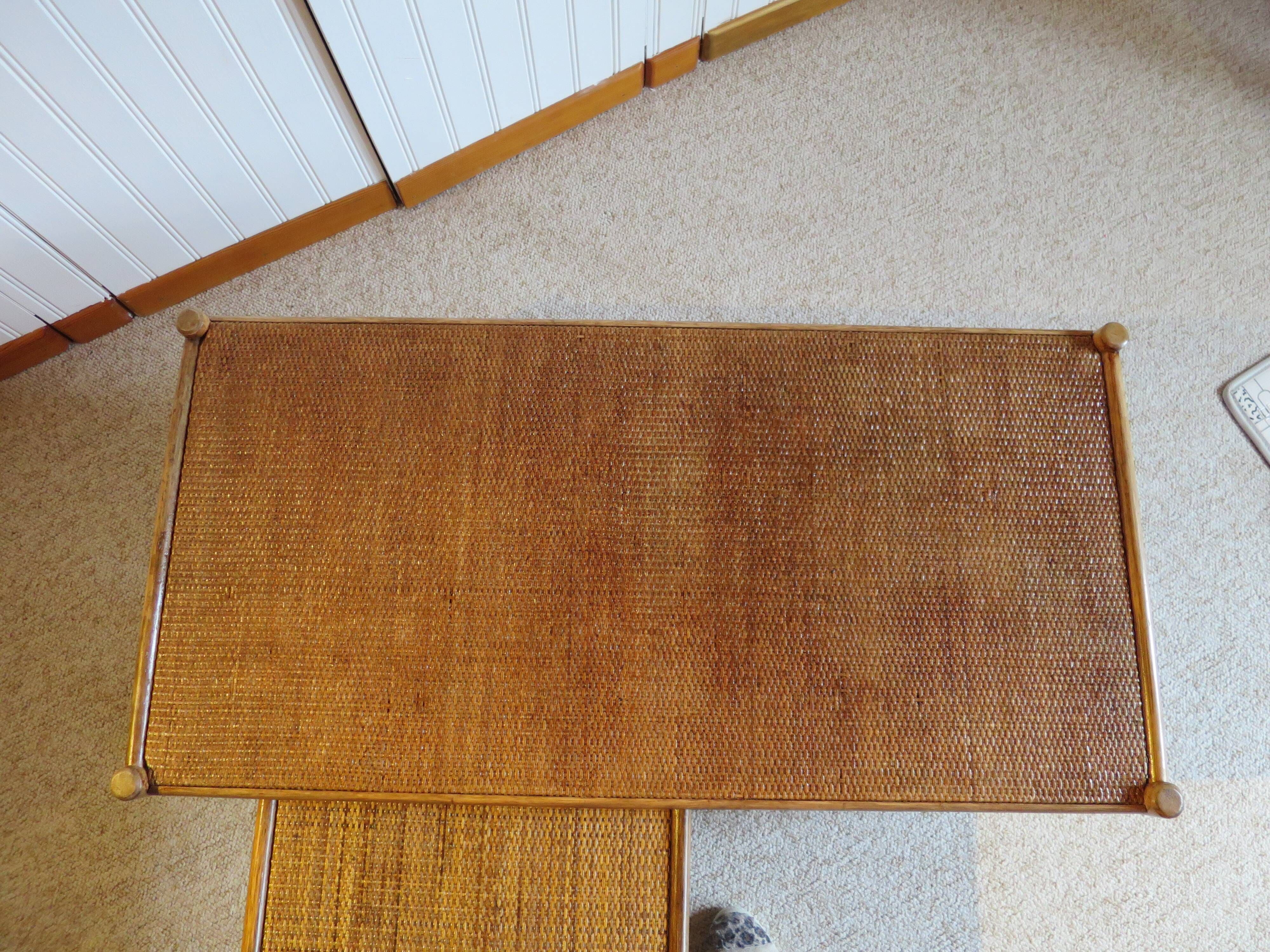 Vintage nesting coffee tables - wood and woven rattan - natural color - 60s